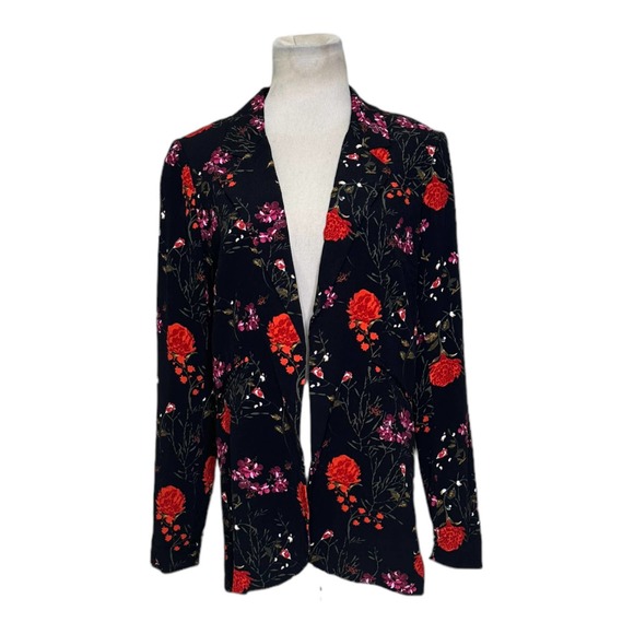Cynthia Rowley black red floral long sleeves open front blazer jacket size XS - Picture 7 of 11